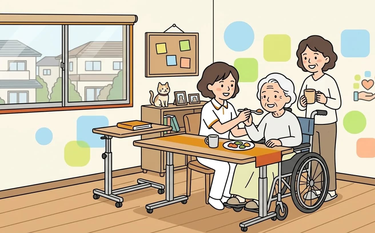 日中ヘルパーが車椅子の利用者の生活動作を支えるイラスト