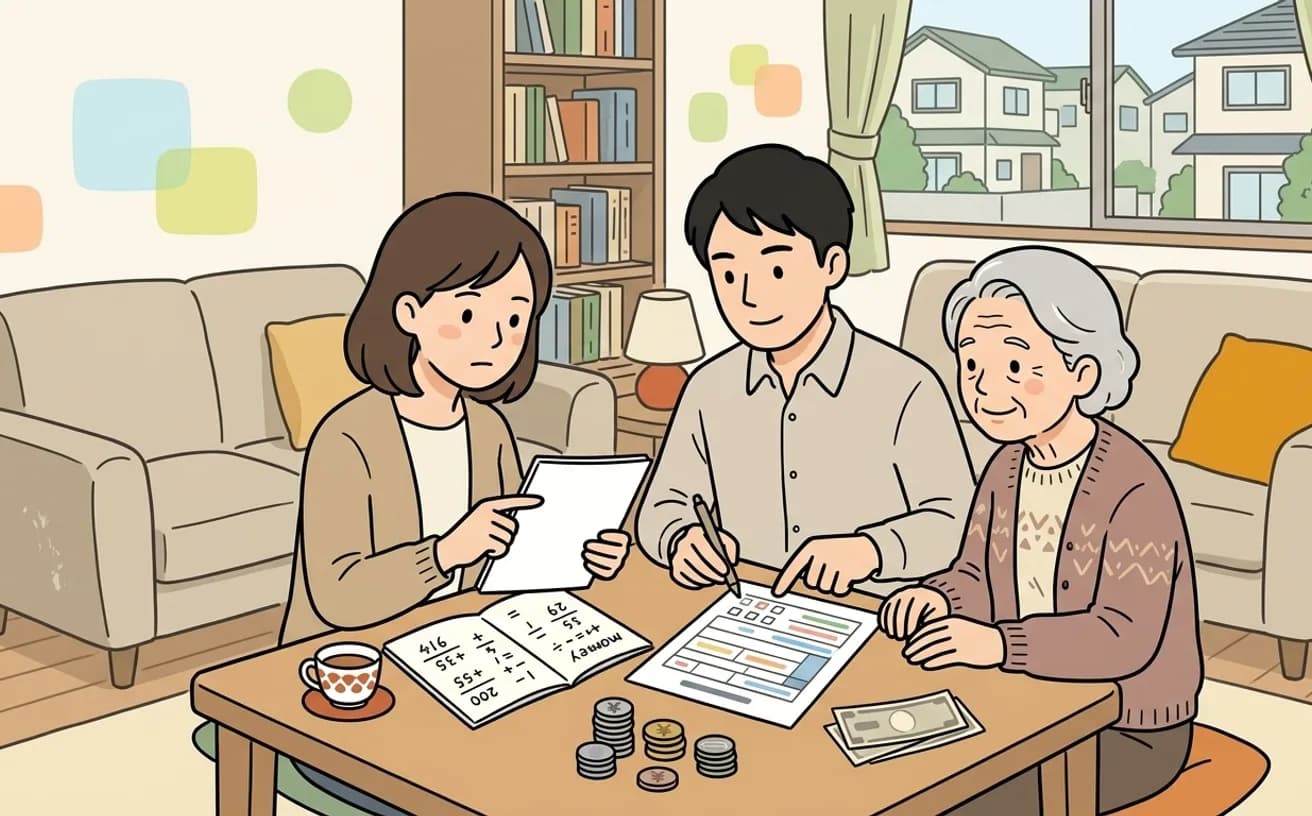家族が自宅で手当の申請書類を確認しているイラスト