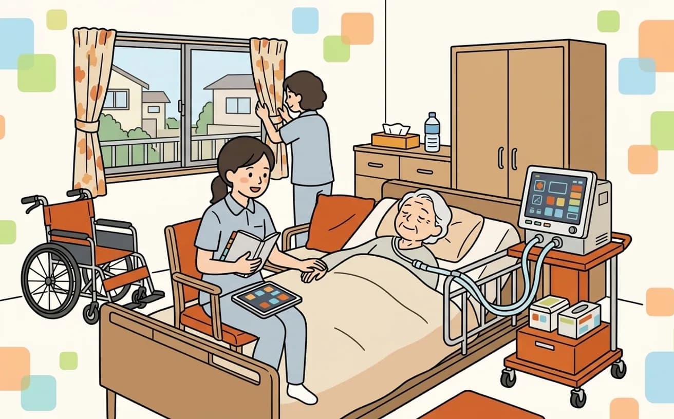 人工呼吸器をつけた利用者が自宅で穏やかに過ごすイラスト
