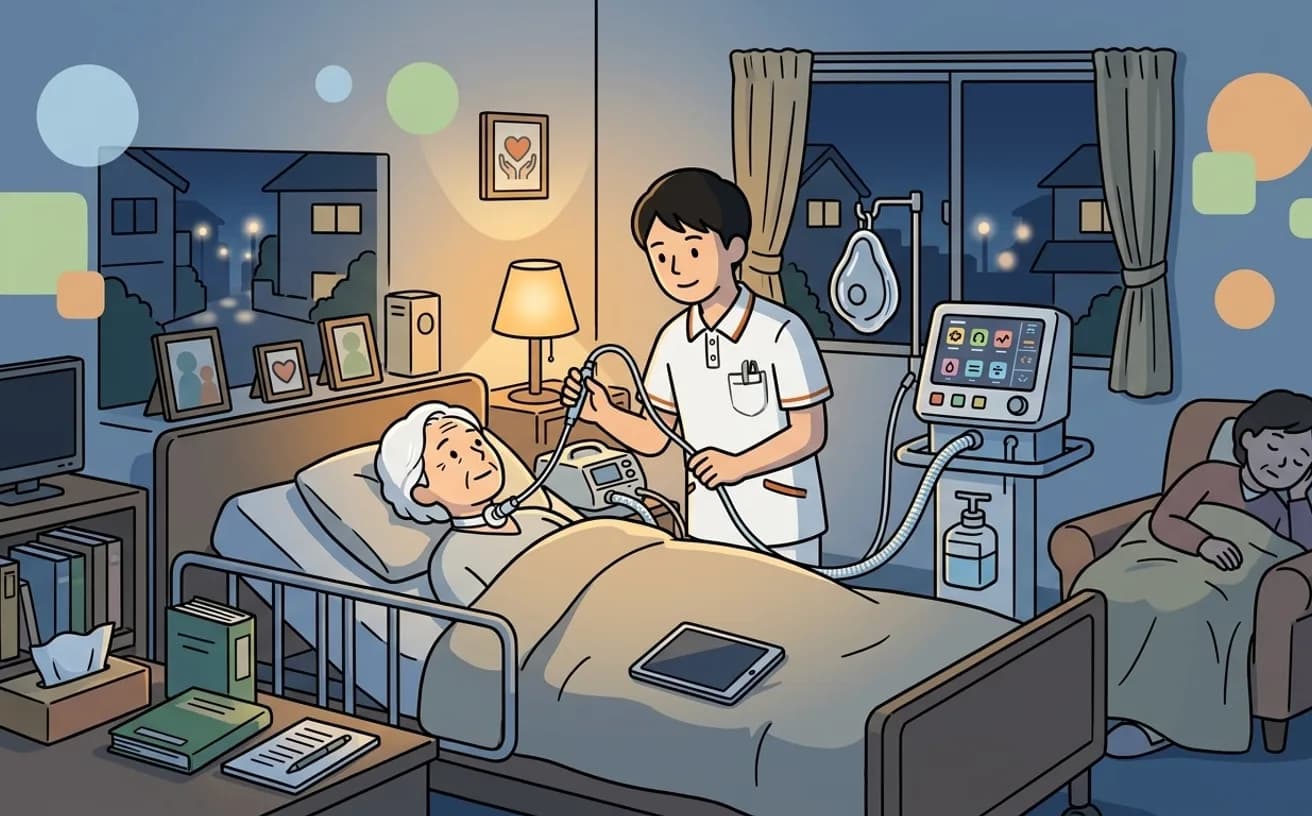 夜間にヘルパーが利用者の吸引ケアをしているイラスト