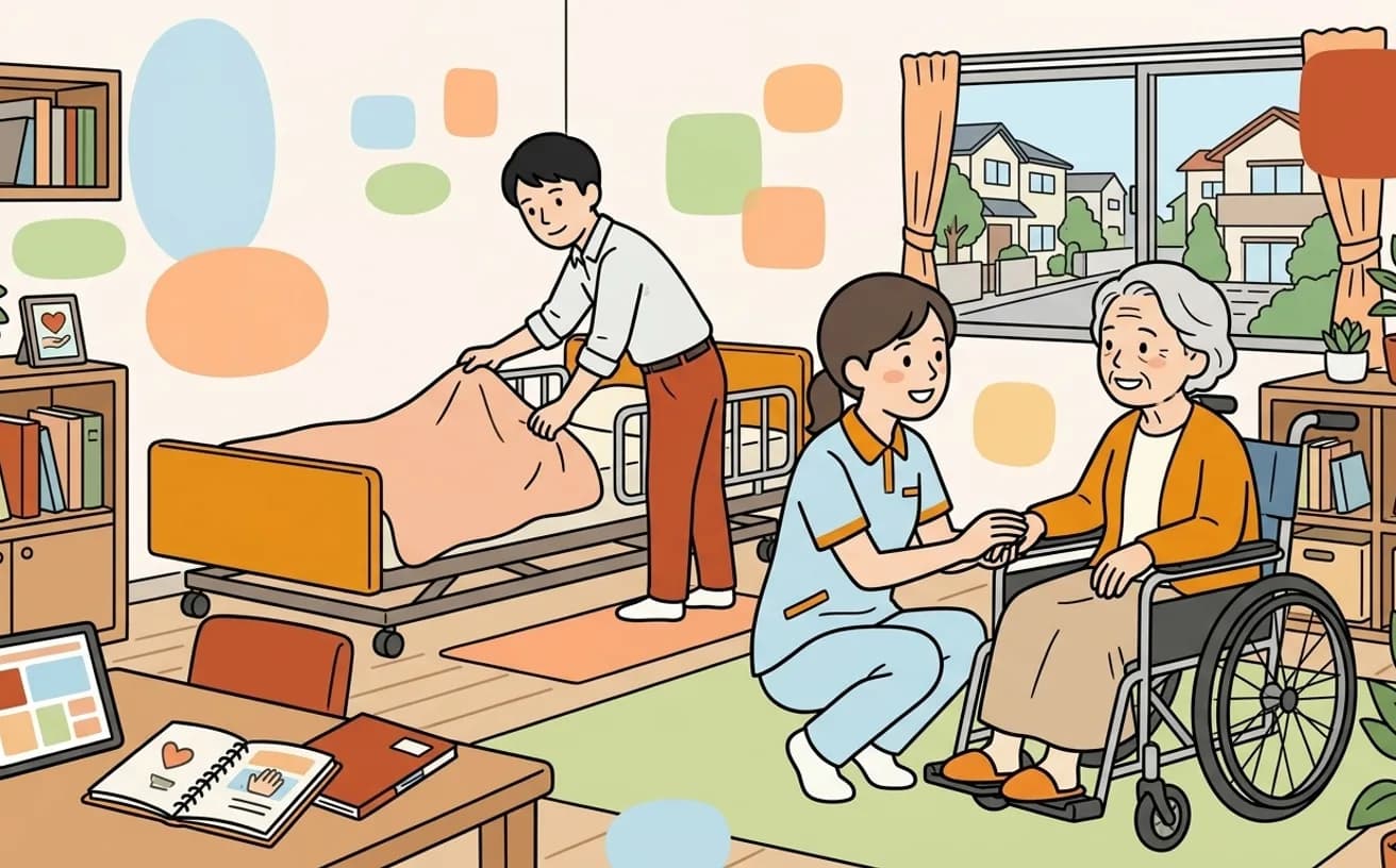 自宅で利用者とヘルパーが穏やかに過ごすイラスト