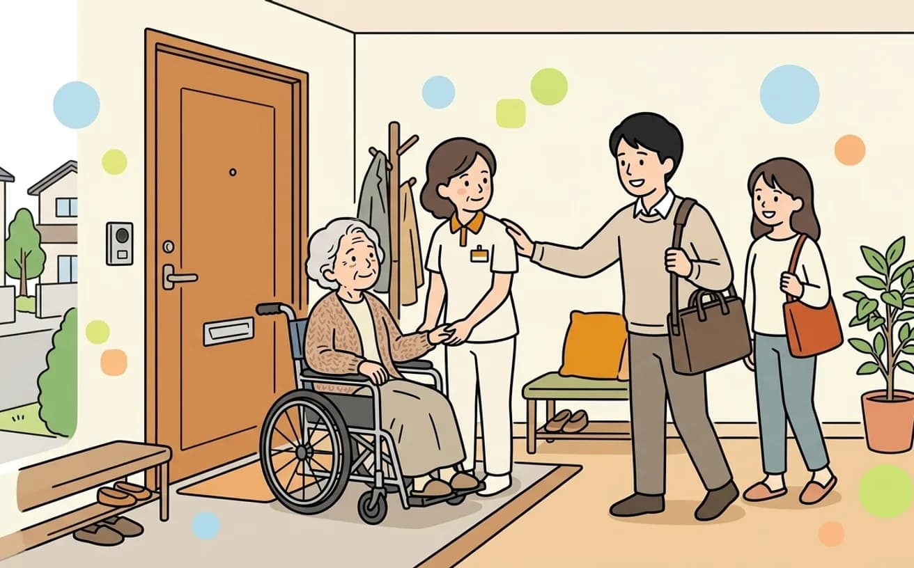 出勤前の家族がヘルパーにケアを託すイラスト
