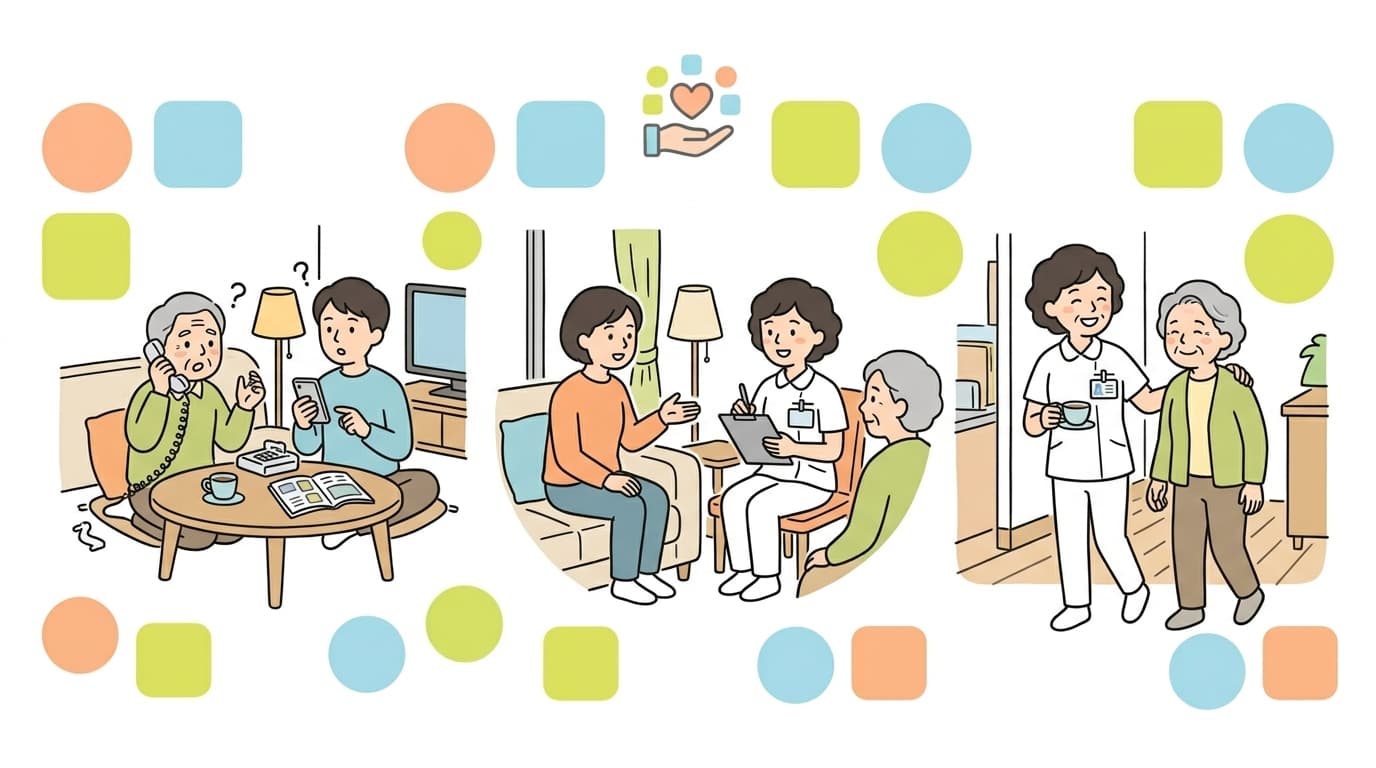 ご相談からご面談・ケアプラン作成を経てサービス開始に至る4ステップを示すイラスト