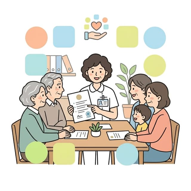 自己負担上限額など利用料金についてスタッフに相談する様子のイラスト